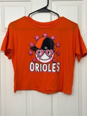 New Era Baltimore Orioles Girls Youth T-Shirt Orange Raw Hem Size 10/12 MLB